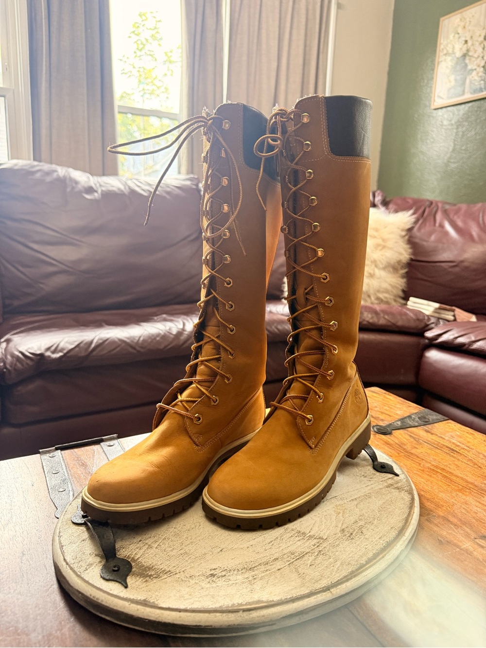 Timberland Women’s Tall Knee High Lace-Up Leather Boots Wheat Brown Size 8